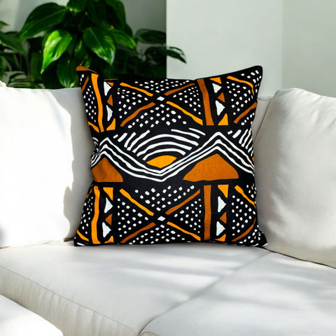 Housse d'oreiller africaine |Noir / orange bogolan - Oreiller décoratif 45x45cm - 100% coton