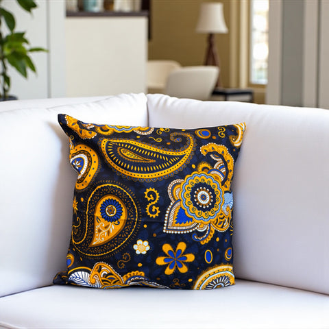 Housse d'oreiller africaine | Bleu marine Jaune Paisley - Oreiller décoratif 45x45cm - 100% coton