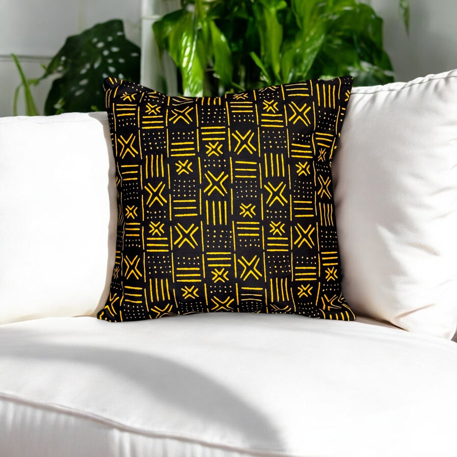 Housse d'oreiller africaine | Noir / Jaune Bogolan - Oreiller décoratif 45x45cm - 100% coton