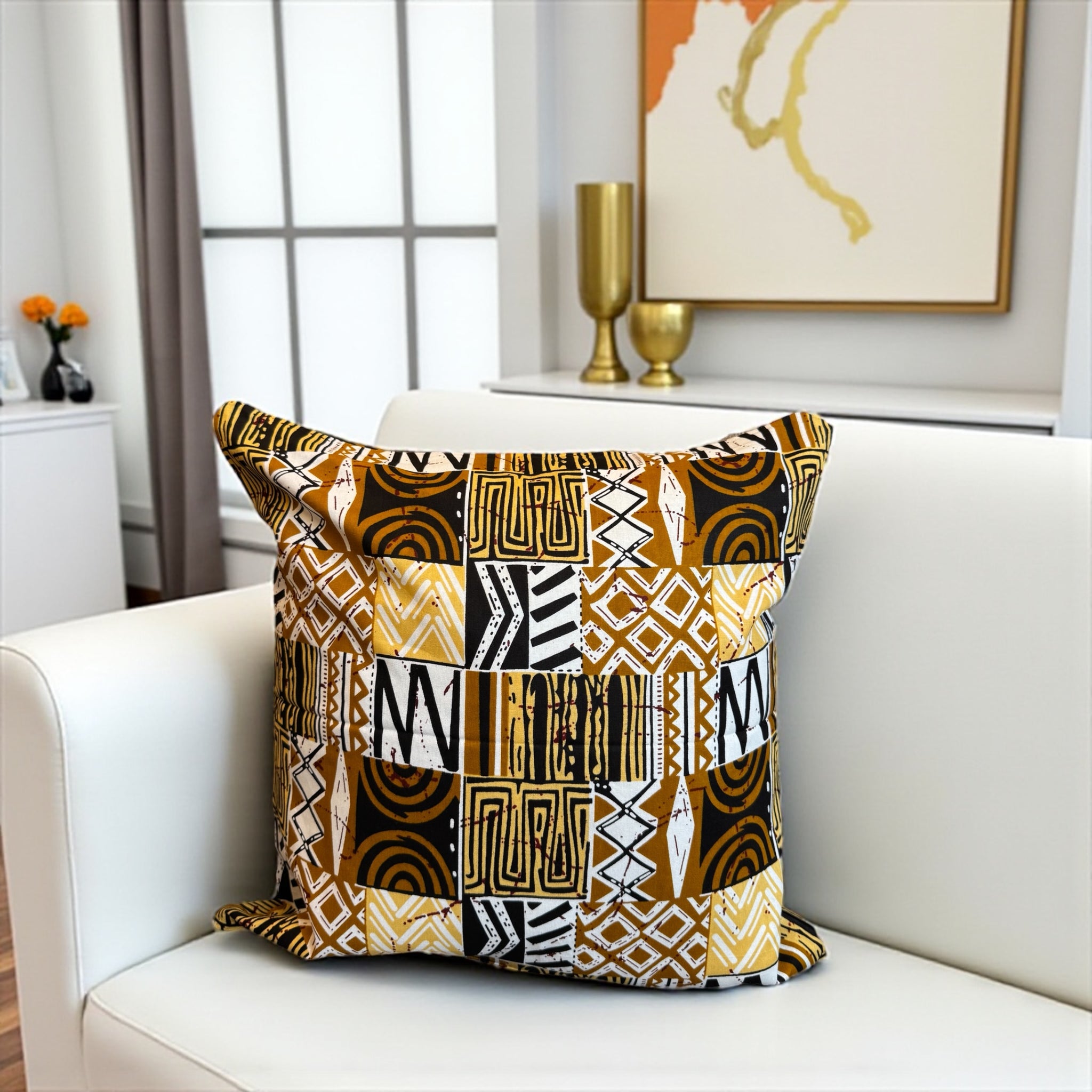 African pillow cover | Sand Bogolan Mosaic - Decorative pillow 45x45cm - 100% Cotton
