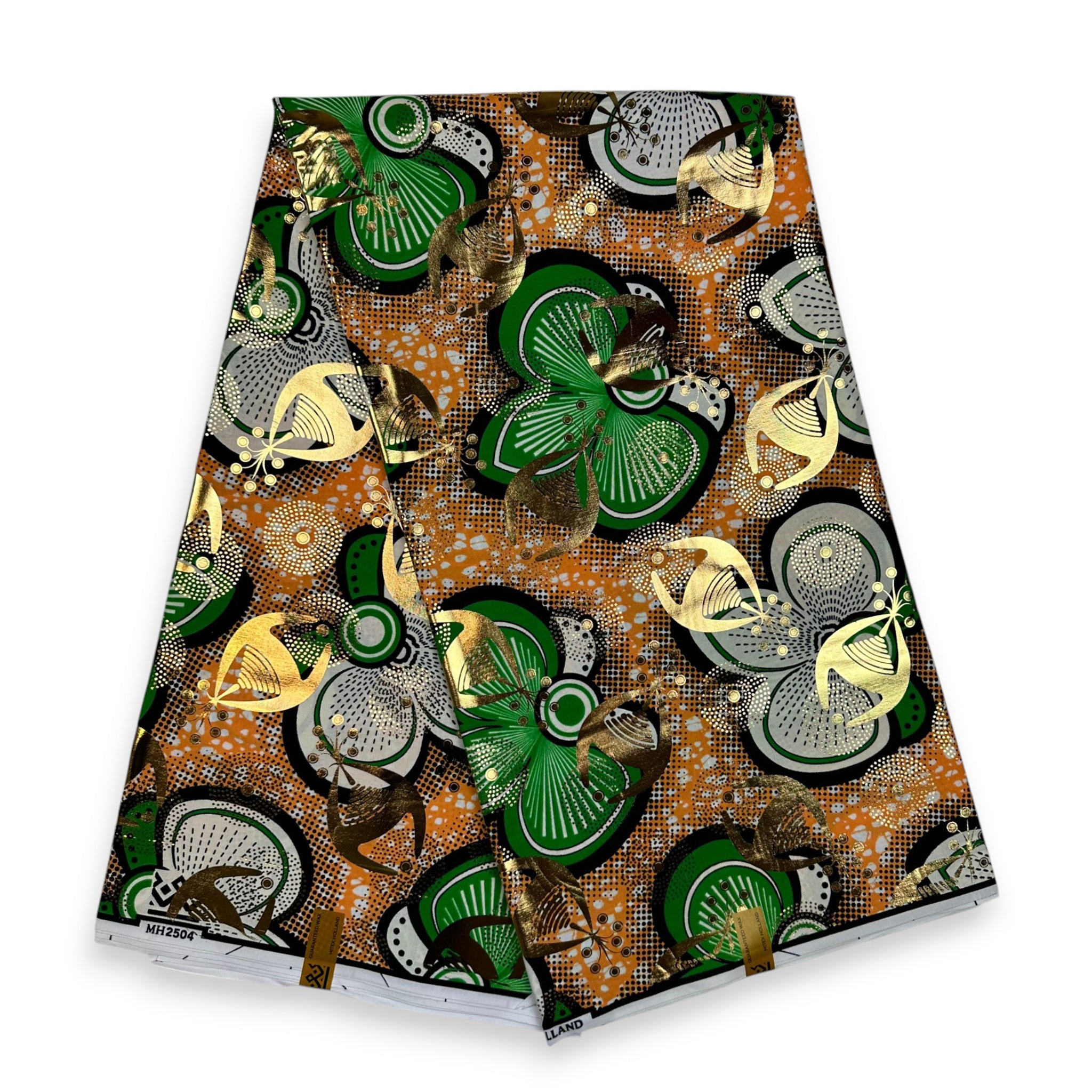 Afrikanischer Stoff - Goldeffekte - Grün Bows - 100% Baumwolle