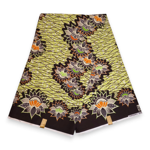 African Wax print fabric - Green Black Lotus Border - 100% cotton
