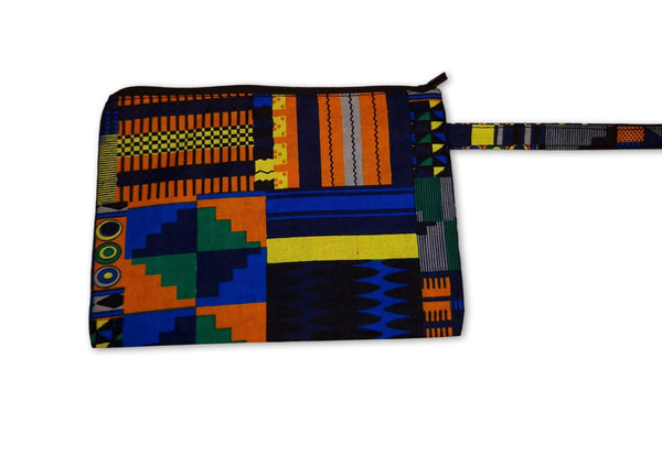 Pochettes / étuis à maquillage en imprimé africain / Trousse à crayons - Kente bleu / orange