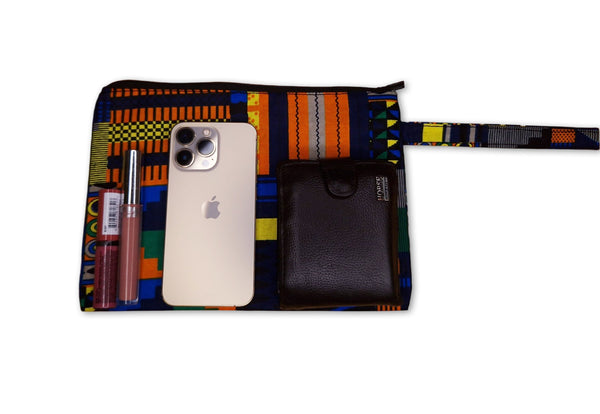 Pochettes / étuis à maquillage en imprimé africain / Trousse à crayons - Kente bleu / orange