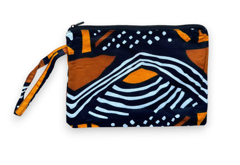 African print Makeup pouch / Pencil case / Cosmetic Bag / Coin Purse - Brown / orange Bogolan