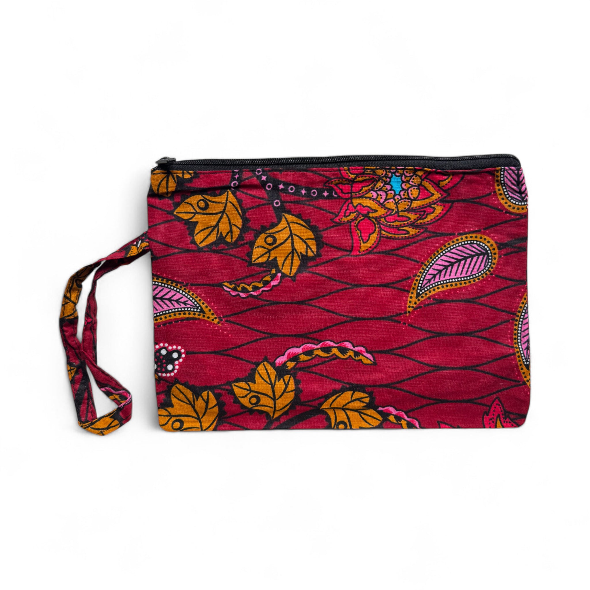 African print Makeup pouch / Pencil case / Cosmetic Bag / Coin Purse - Dark Red & Yellow Botanical Flow