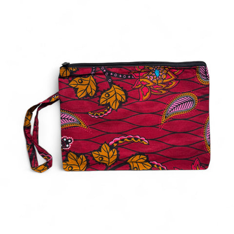 African print Makeup pouch / Pencil case / Cosmetic Bag / Coin Purse - Dark Red & Yellow Botanical Flow