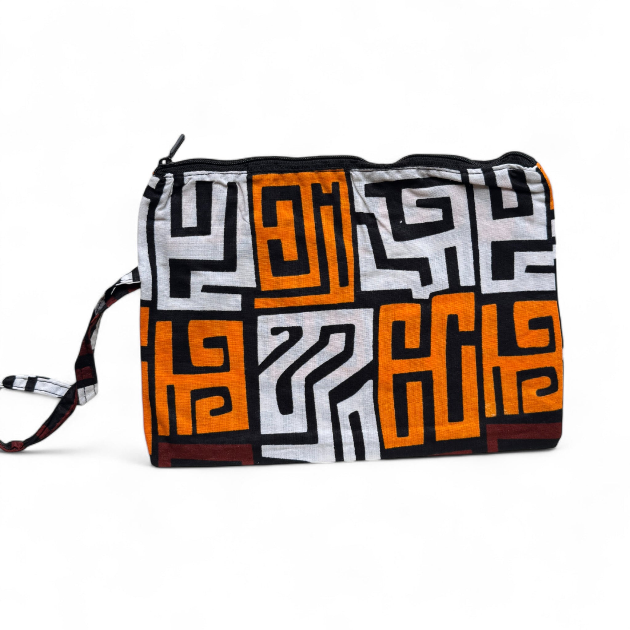 African print Makeup pouch / Pencil case / Cosmetic Bag / Coin Purse - Brown & Yellow-Orange Kuba Blocks