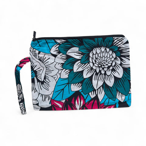 African print Makeup pouch / Pencil case / Cosmetic Bag / Coin Purse - Pink & Teal Flowers