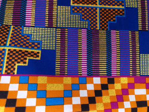 African print fabric - Exclusive Embellished Glitter effects 100% cotton - PO-5005 Kente Blue Multicolor
