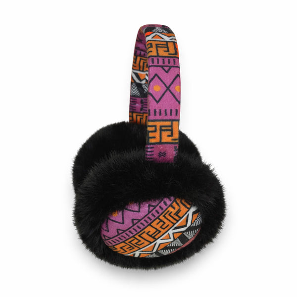 African Print Earmuffs - Foldable Winter Ear Warmers - Pink Orange Tribal