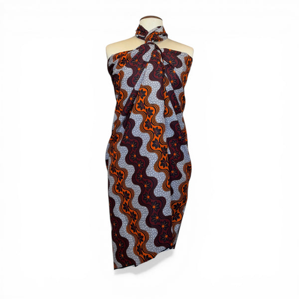 Sarong / pareo - Cotton Beachwear wrap skirt / baby carrier wrap - Orange Burgundy Wavy Stripe Bloom