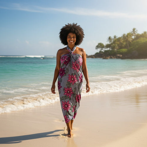 Sarong / pareo - Cotton Beachwear wrap skirt / baby carrier wrap - Pink Flowers