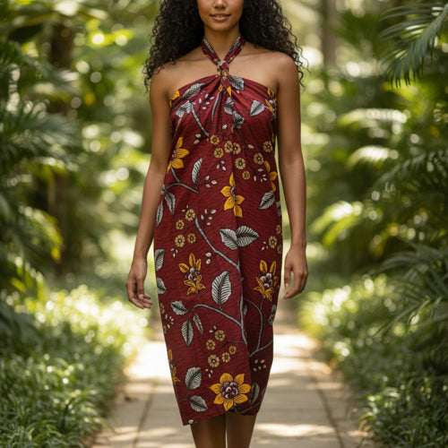 Sarong / pareo - Cotton Beachwear wrap skirt / baby carrier wrap - Red Flower stems