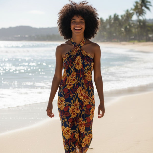 Sarong / Pareo - Baumwoll-Strandbekleidung Wickeltuch / Babytragetuch - Blau und Gelb Floral Vines
