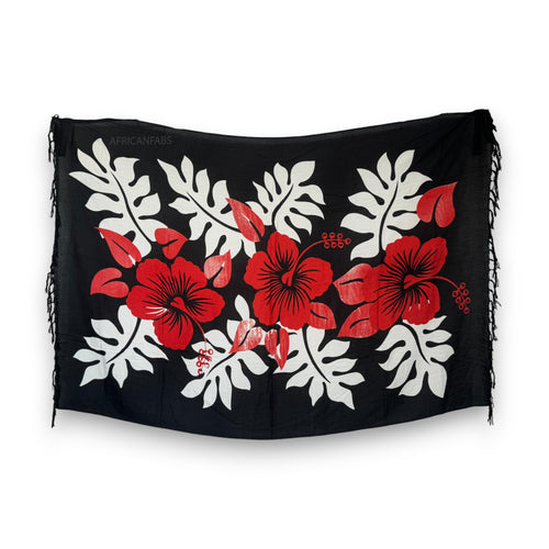 Sarong / pareo - Beachwear wrap skirt - Black / red hibiscus flower