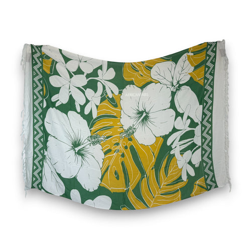 Paréo  / Sarong - Jupe enveloppante / tenue de plage -Blanc / vert hibiscus flower
