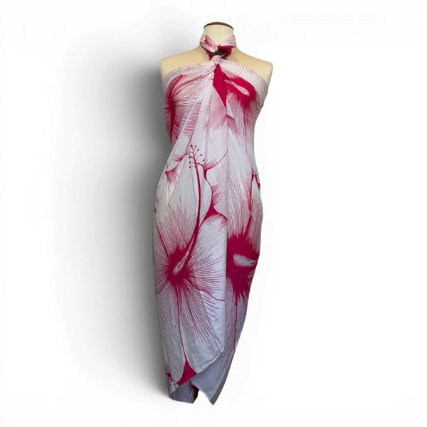 Sarong / Pareo - Strandbekleidung Wickeltuch - Rot Weiß Hibiscus Breeze