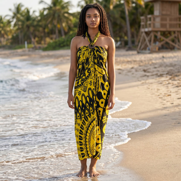 Sarong / pareo - Beachwear wrap skirt - Black / yellow Mandala
