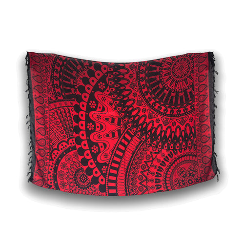 Paréo  / Sarong - Jupe enveloppante / tenue de plage -Mandala noir / rouge