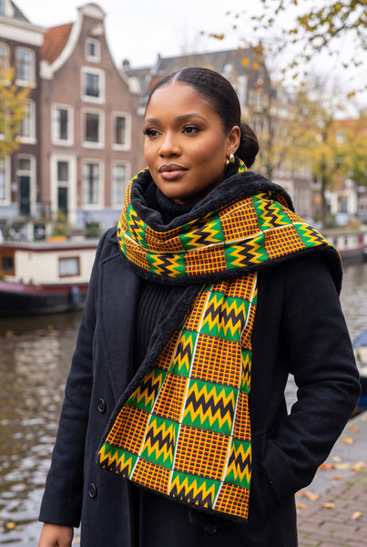 African print Winter scarf Unisex - Slim model - Green Kente Print Zigzag