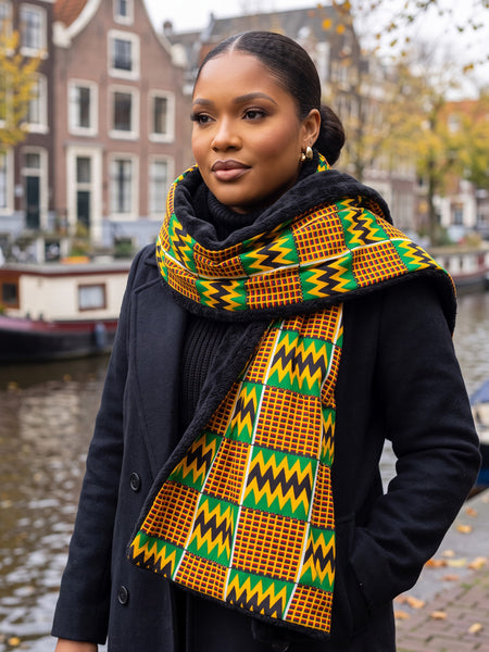 Afrikanischer Print Schal Unisex - Schmales Modell - Grün Kente Print Zigzag
