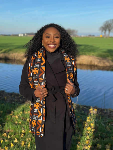 Écharpe d’hiver imprimée africaine Unisexe - Modèle étroit - Marron Cross Bogolan