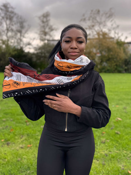 African print Winter scarf Unisex - Slim model - Brown Bogolan Symbols