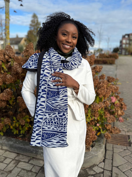 African print Winter scarf Unisex - Slim model - Blue Ndop Cameroon
