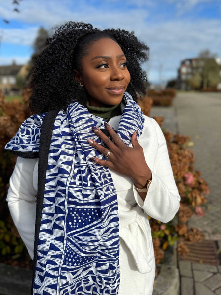 African print Winter scarf Unisex - Slim model - Blue Ndop Cameroon