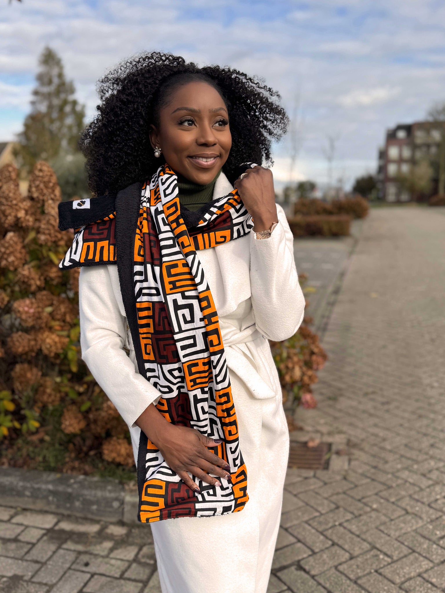 African print Winter scarf Unisex - Slim model - Brown Kuba Blocks