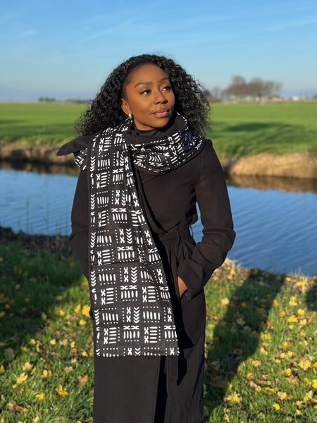 African print Winter scarf Unisex - Slim model - Black mud cloth / bogolan