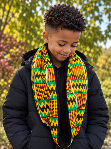 Imprimé africain Echarpes d'hiver à col roulé pour enfants Unisex - Vert Kente Print Zigzag