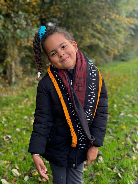 African print Turtleneck Winter scarf for Kids Unisex - Dark Brown / Yellow Bogolan Symbols