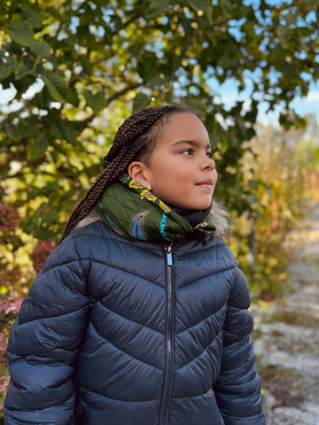 Warmer Rollkragenpullover Schal für Kinder mit afrikanischem Print Unisex - Dunkelgrün & Gelb Botanical Flow