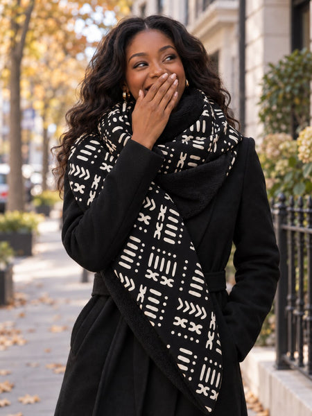 African print Winter scarf for Adults Unisex - Black White Bogolan