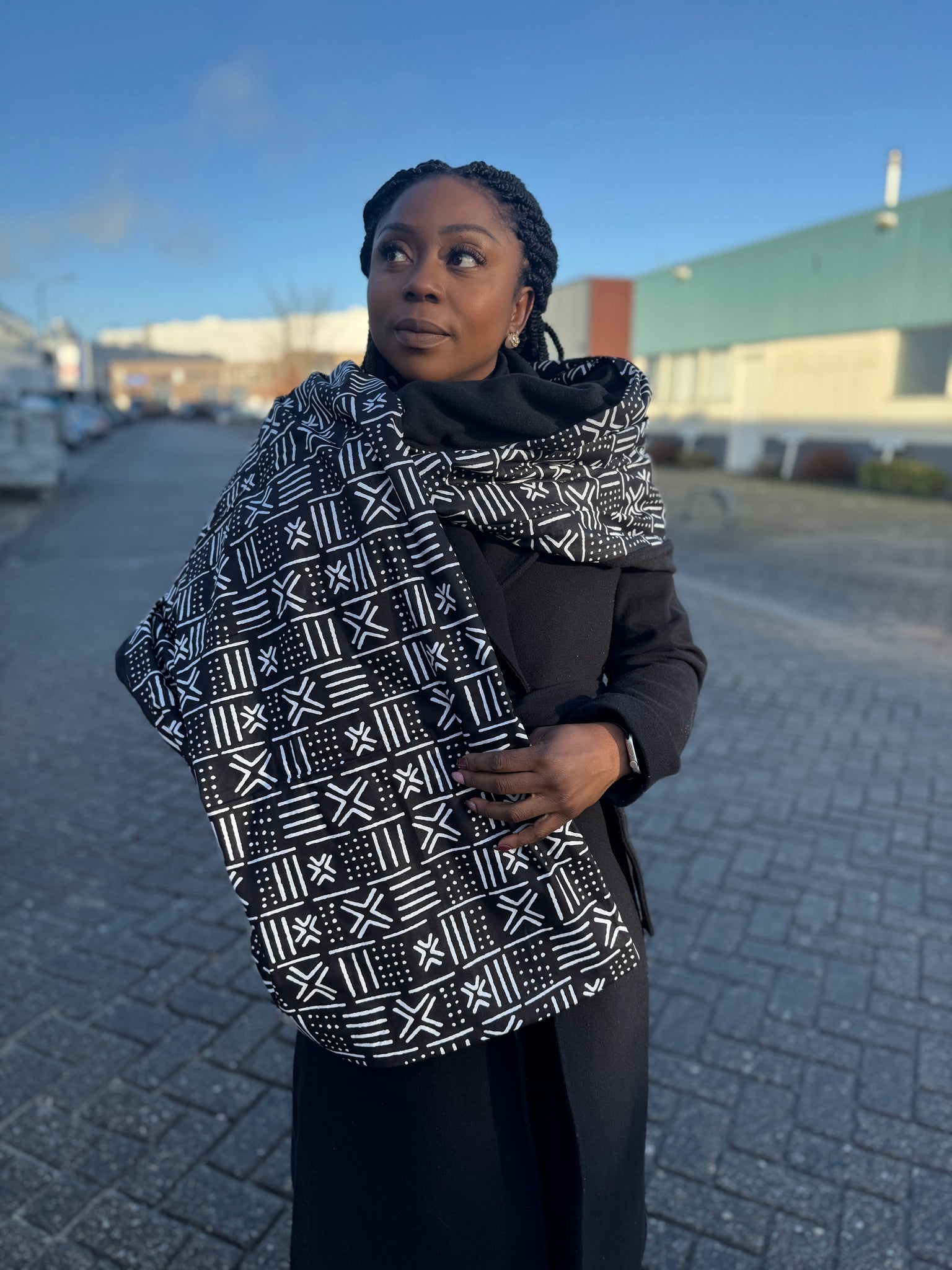 African print Winter scarf for Adults Unisex - Black mud cloth / bogolan