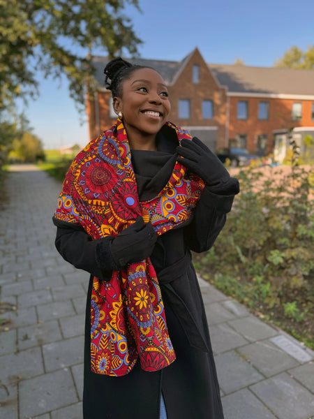 African print Winter scarf for Adults Unisex - Red Mandala Patchwork