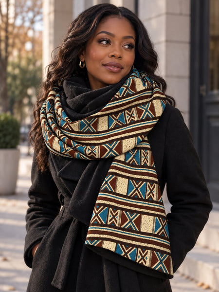 African print Winter scarf for Adults Unisex - Blue Brown Bogolan Heritage