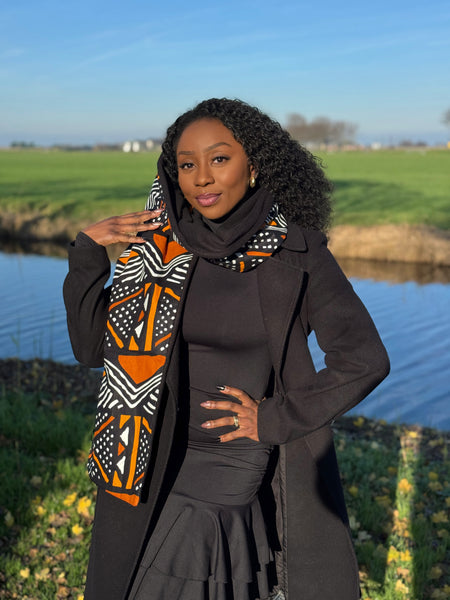 African print Winter scarf Unisex - Slim model - Orange Brown bogolan