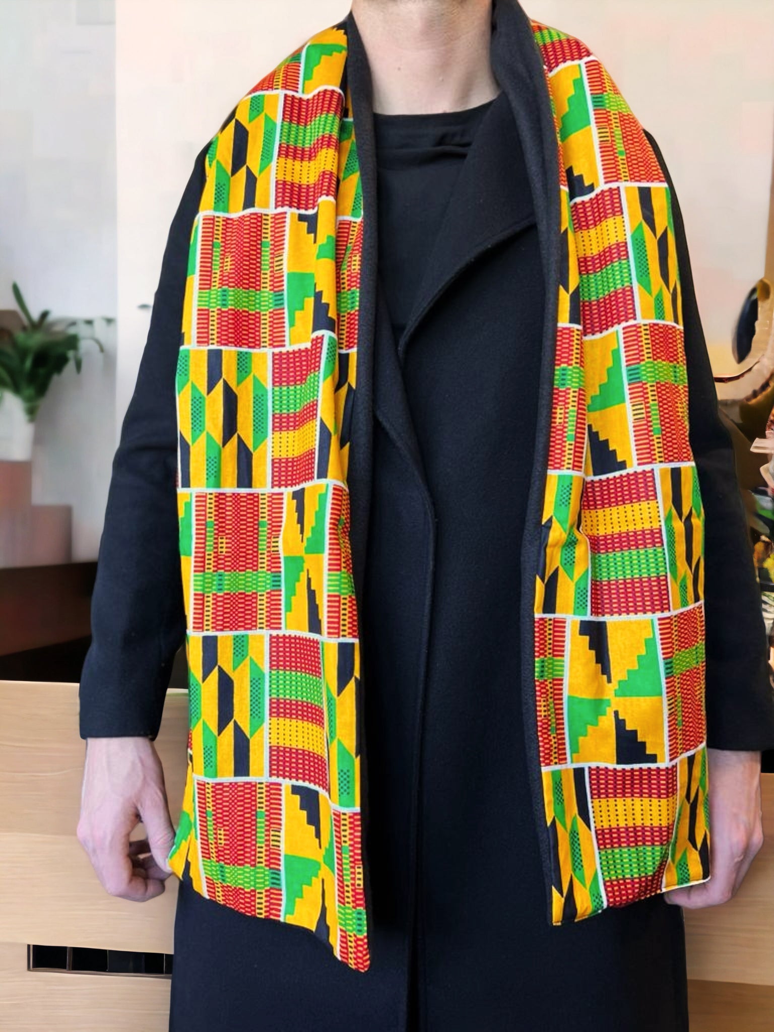 Écharpe d'hiver imprimée africaine pour homme - Kente jaune et vert