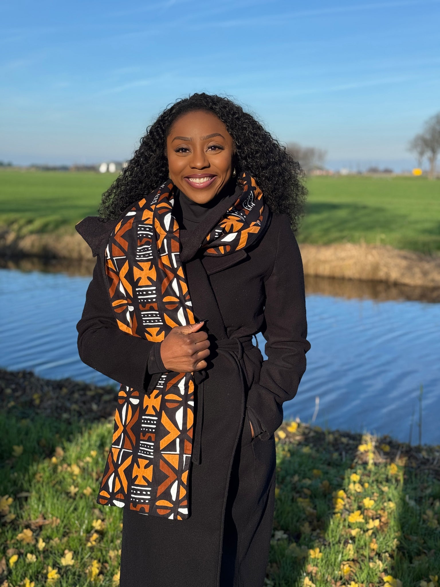 Écharpe d’hiver imprimée africaine Unisexe - Modèle étroit - Bogolan marron croix