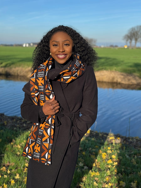 Écharpe d’hiver imprimée africaine Unisexe - Modèle étroit - Bogolan marron croix