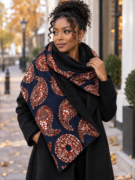 African print Winter scarf for Adults Unisex - Blue Brown Navy Paisley Sun