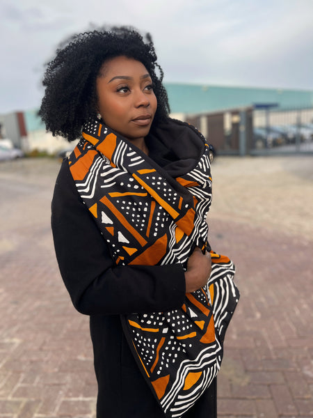 African print Winter scarf for Adults Unisex - Black / orange bogolan