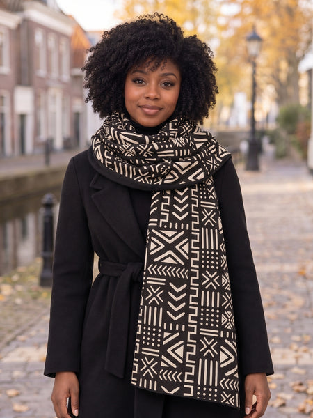 African print Winter scarf for Adults Unisex - Black White Bogolan Spirit