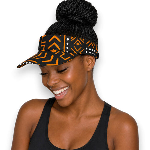 Afrikanischer Print Sonnenschutzkappen - Schwarz Orange Bogolan Symbols