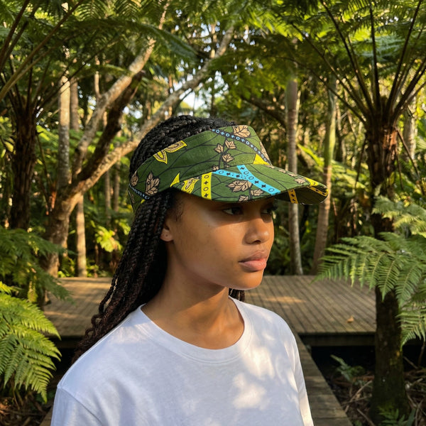 African print Sun visor cap - Dark Green Botanical Flow