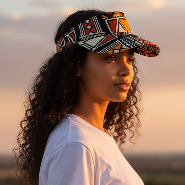 Casquettes pare-soleil à imprimé africain - Rouge et orange Bogolan Symbols