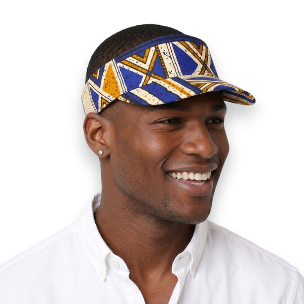 African print Sun visor cap - Blue Mustard Bogolan Heritage